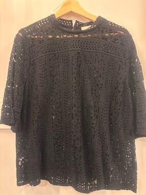 LOFT Black Crochet Lace Short-Sleeve Blouse